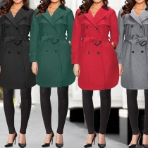 Elegant Solid Color Long Sleeve Double-breasted Trench Coat