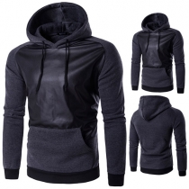 Casual Style Long Sleeve PU Leather Spliced Men's Hoodies