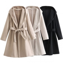 Elegant Solid Color Hooded Trench Coat with Waist Strap