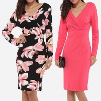 Sexy V-neck Long Sleeve High Waist Slim Fit Pencil Dress