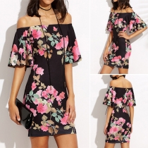 Sexy Off-shoulder Trumpet Sleeve Slim Fit Printed Dress