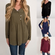 Fashion Solid Color Long Sleeve Lace-up V-neck Chiffon Tops