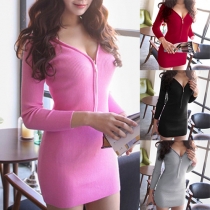 Sexy Low-cut V-neck Long Sleeve Slim Fit Knit Dress