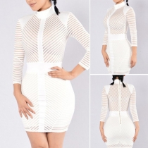 Sexy See-through Gauze Spliced Long Sleeve Mock Neck Bodycon Dress
