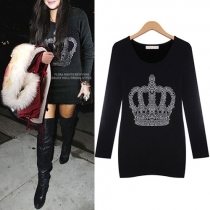 Fashion Rhinestone Crown Long Sleeve Round Neck Dress