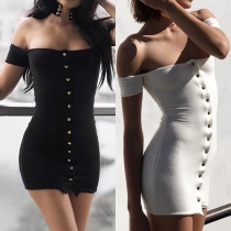 Sexy Solid Color Single-breasted Off Shoulder Backless Short Sleeve Dress