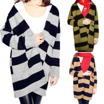 Fashion Patch Pockets Long Sleeve Striped Loose-fitting Sweater Cardigan
