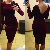 Sexy Solid Color Round Neck Long Sleeve Backless Velvet Slim Fit Dress