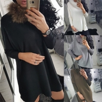 Fashion Solid Color Artificial Fur Collar Bat Sleeve Loose-fitting Dress