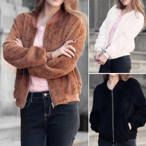 Fashion Solid Color Front Zipper Long Sleeve Stand Collar Fuzzy Coat