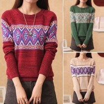 Trendy Rhombus Printed Long Sleeve Round Neck Knit Sweater