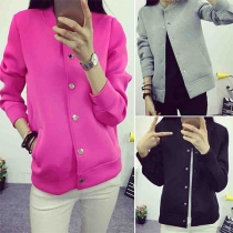 Stylish Solid Color Stand Collar Long Sleeve Single-breasted Women's Baseball Coat