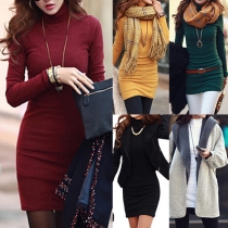 Fashion All-match Solid Color Turtleneck Long Sleeve Slim Fit Dress 