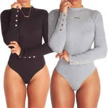 Fashion Sexy Button Long Sleeve Knit Slim Fit Bodysuits