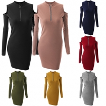 Fashion Solid Color Front Zipper Cold Shoulder Knit Dress 