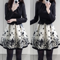 Fashion Elegant Flower Printed Long Sleeve Slim Fit Pleated  Dress 