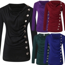 Fashion Solid Color Side Button Long Sleeve Tops 