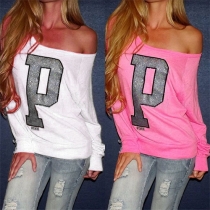 Fashion Sexy Letters Printed Long Sleeve Knit T-shirt 