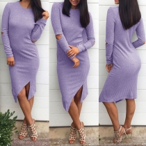 Fashion Solid Color Cut-out Long Sleeve Slit Hemline Ribbed Dress