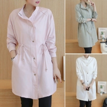 Fashion Solid Color Long Sleeve Gathered Waist Trench Coat