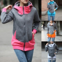 Fashion Color Spliced Front Zipper Long Sleeve Hoodie Coat 