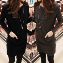 Fashion Solid Color Long Sleeve Round Neck Warm Dress 
