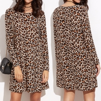 Fashion Leopard Printed Long Sleeve Round Neck Dress 