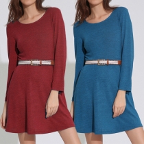 Fashion Solid Color Long Sleeve Waist Strap Dress 