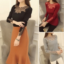 Sexy Hollow Out Lace Spliced Long Sleeve Round Neck Knit Tops