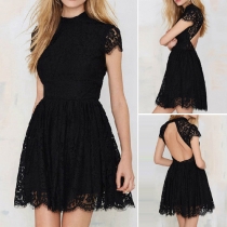 Sexy Backless Short Sleeve Round Neck Hollow Out Lace Dress