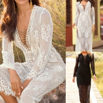 Sexy Lace-up Deep V-neck Long Sleeve See-through Lace Maxi Dress