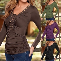 Fashion Solid Color Lace-up V-neck Long Sleeve T-shirt