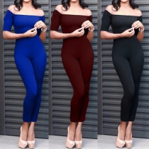 Sexy Boat Neck Short Sleeve High Waist Solid Color Jumpsuits