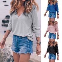 Fashion Solid Color Long Sleeve V-neck Loose Knit Tops