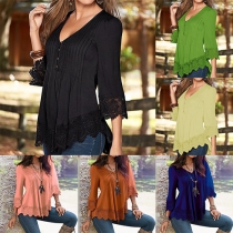 Fashion Solid Color 3/4 Sleeve V-neck Lace Spliced Tops