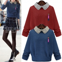 Sweet Peter Pan Collar Long Sleeve Contrast Color Oversized Knit Tops
