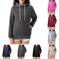 Fashion Solid Color Long Sleeve Hooded Oblique Zipper Sweatshirt