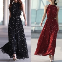Fashion Sleeveless Stand Collar Dots Printed Chiffon Maxi Dress