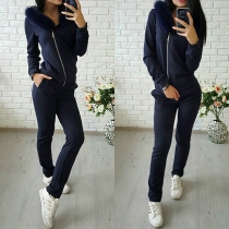 Fashion Casual Solid Color Front Zipper Long Sleeve Sports Suit 