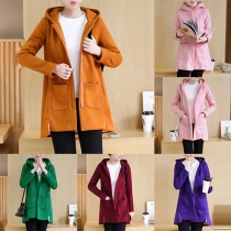 Fashion Casual Solid Color Front Pocket Zipper Long Sleeve Hoodie Coat