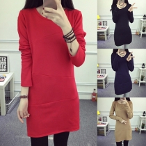 Fashion Solid Color Long Sleeve Round Neck Warm Tops 