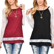 Fashion Sexy Lace Spliced Hollow Out Long Sleeve Tops
