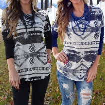 Fashion Casual Geometric Printed Long Sleeve Round Neck Tops 