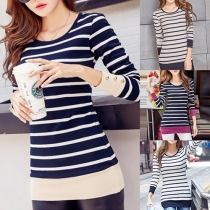 Fashion All-match Contrast Color Stripe Long Sleeve Tops 