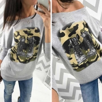 Fashion Sexy Camouflage Printed Oblique Shoulder Long Sleeve Tops 