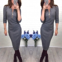 Fashion Solid Color 3/4 Sleeve Front Zipper Slim Fit Dress 