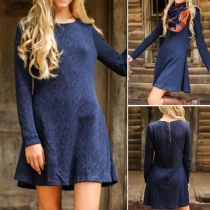 Fashion Solid Color Round Neck Back Zipper Long Sleeve Dress 