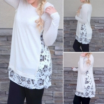 Fashion Casual Flower Printed Spliced Round Neck Long Sleeve Tops 