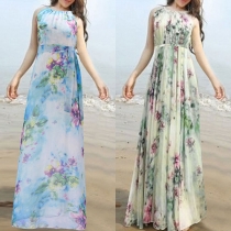 Fashion Elegant Flower Printed Sleeveless Chiffon Maxi Dress