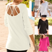 Fashion Casual Solid Color Back Crossover High-low Hemline Tops 